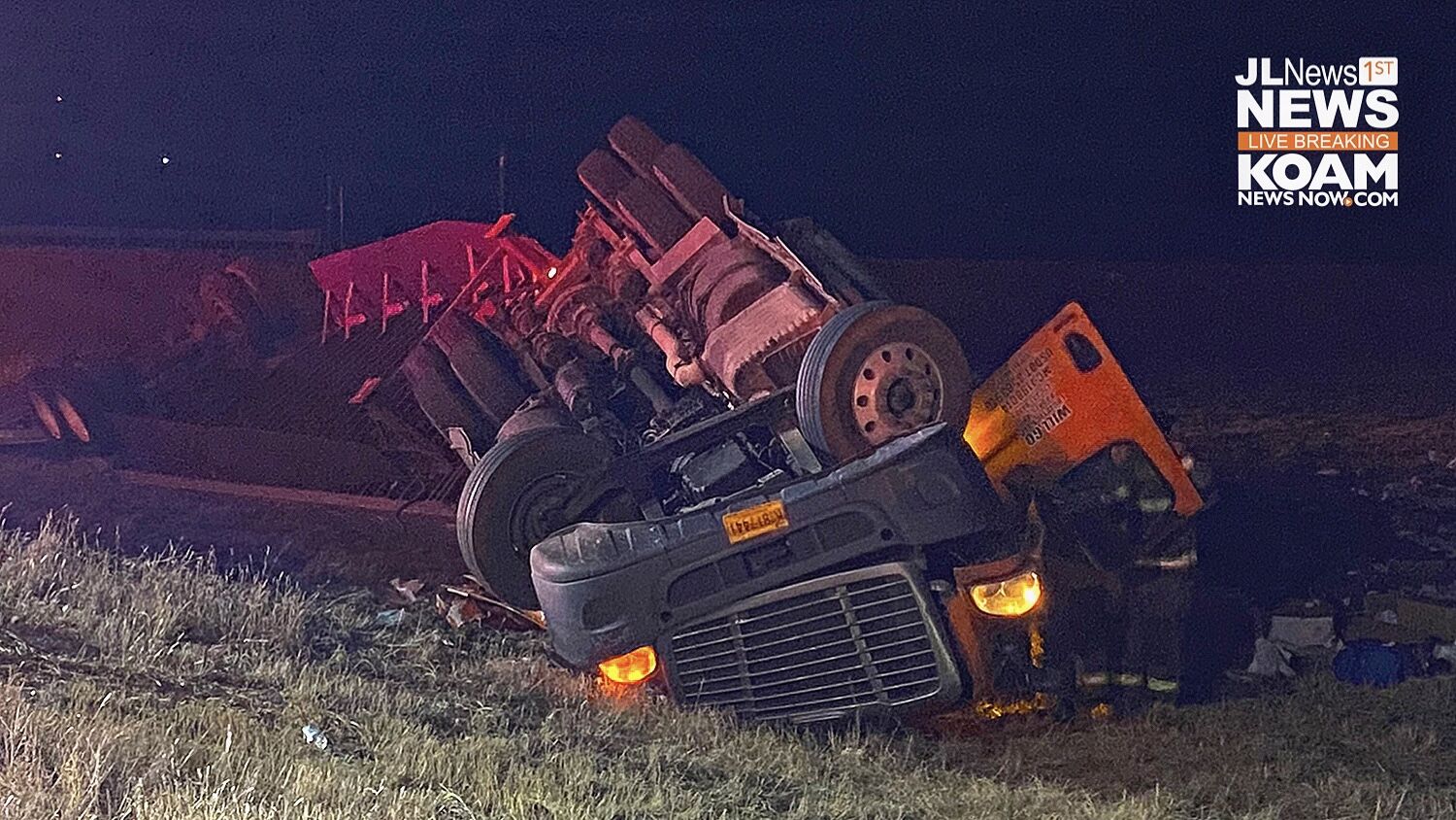 TRACTOR TRAILER OVERTURNED AT FIDELITY, MO.